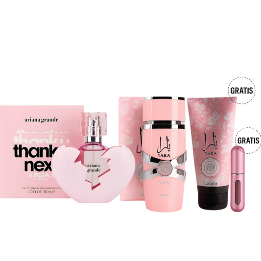 YARA LATTAFA 100ML Y THANK U NEXT, ARIANA GRANDE 100ML + OBSEQUIOS